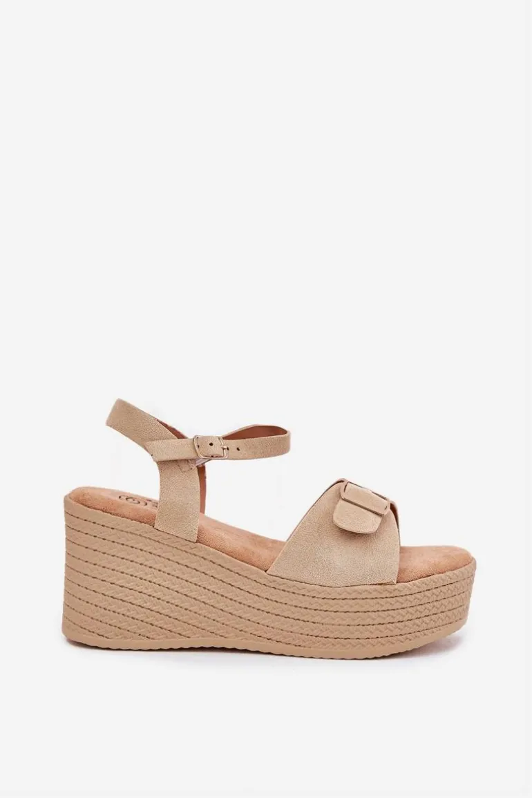 Sandały Damskie Na Koturnie Z Klamrą Khaki Liniella