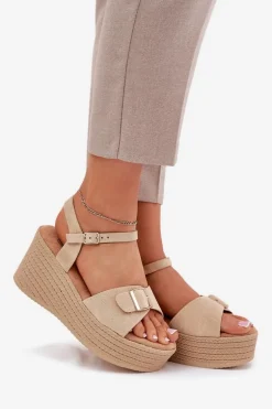 Sandały Damskie Na Koturnie Z Klamrą Khaki Liniella