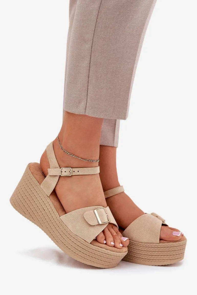 Sandały Damskie Na Koturnie Z Klamrą Khaki Liniella