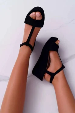 Sandały Damskie Na Koturnie Platformie Czarne Miravaya