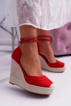 Sandały Damskie Na Koturnie Lniane Czerwone Canterola
