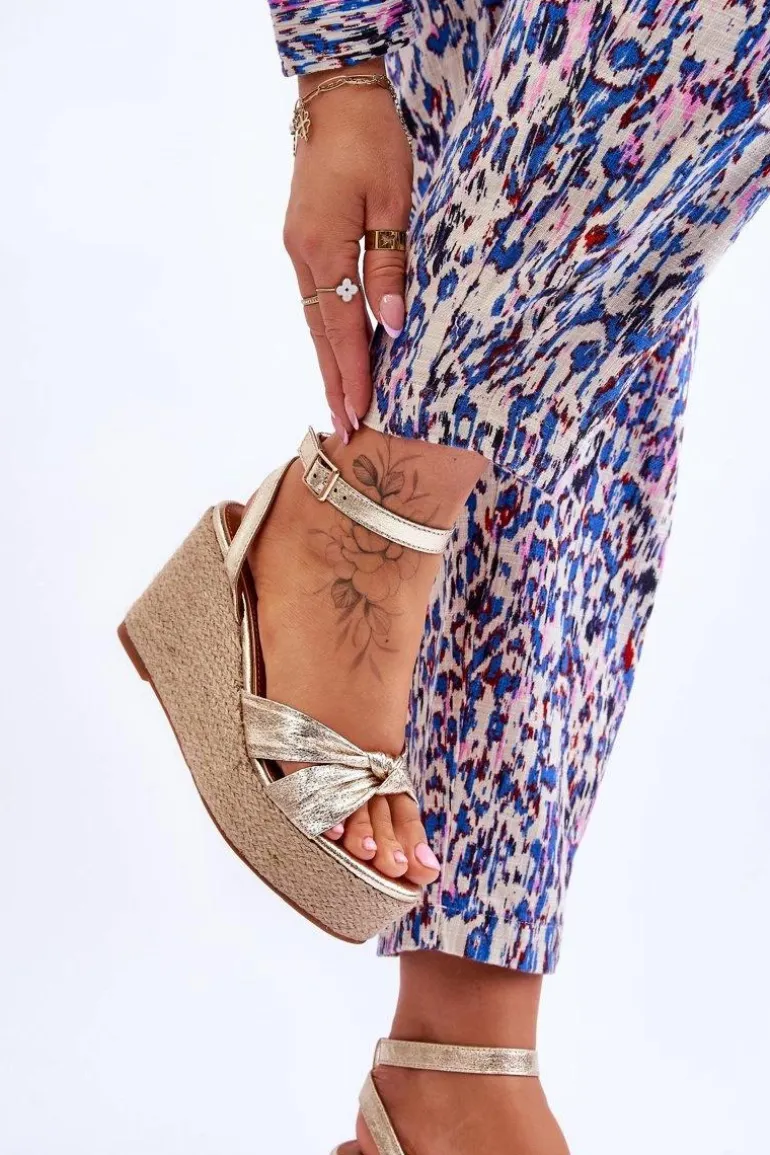 Sandały Damskie Na Koturnie Złote Kendall