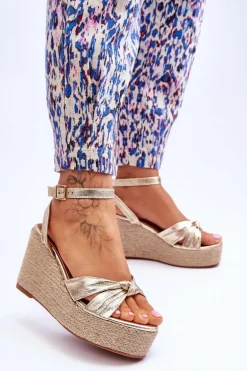 Sandały Damskie Na Koturnie Złote Kendall