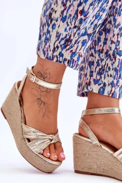 Sandały Damskie Na Koturnie Złote Kendall