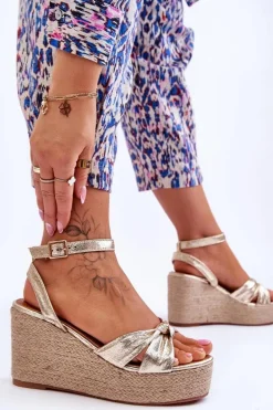 Sandały Damskie Na Koturnie Złote Kendall