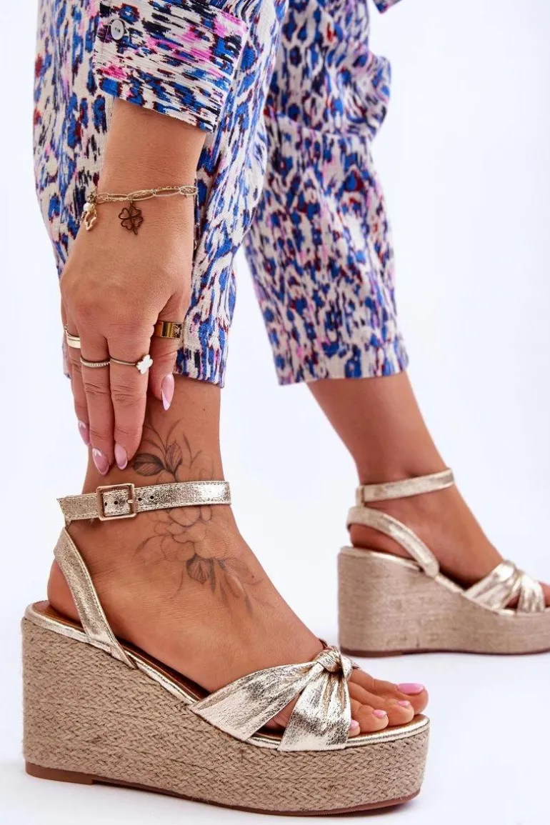 Sandały Damskie Na Koturnie Złote Kendall