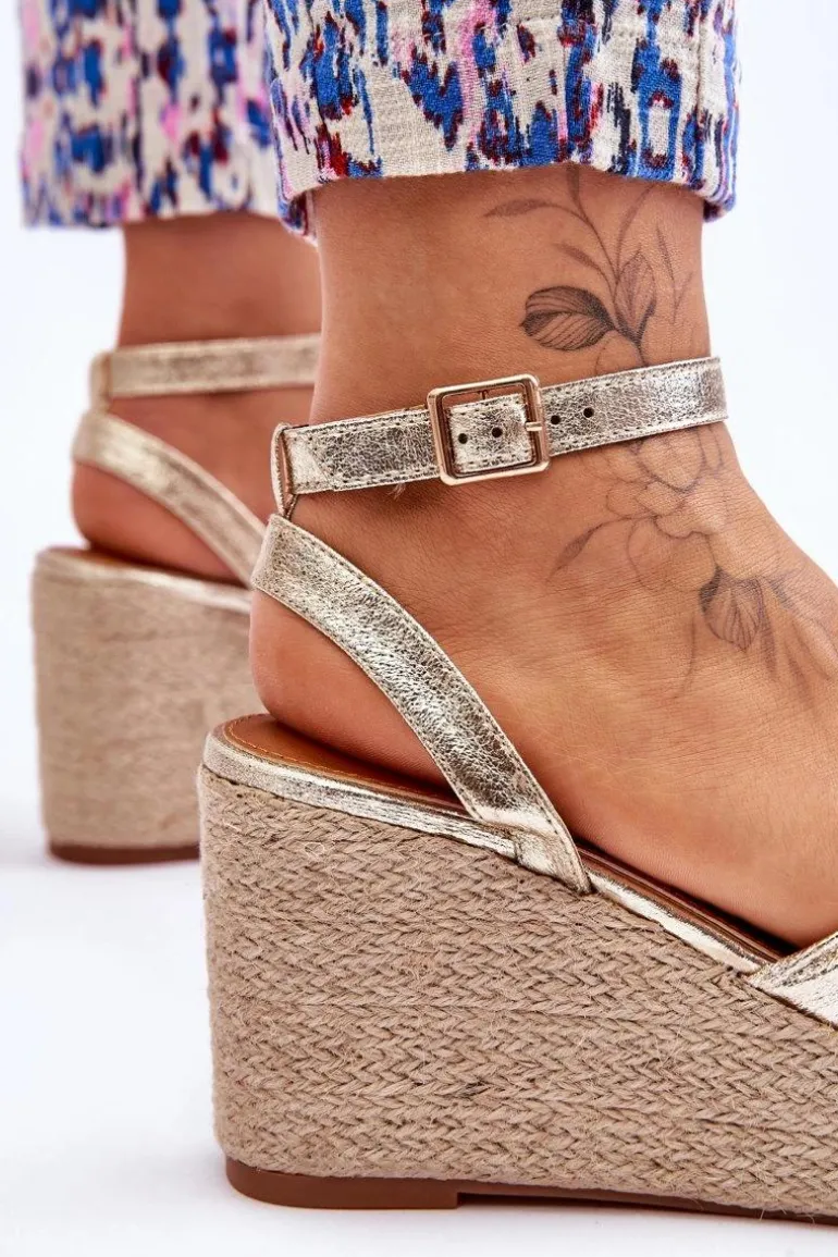 Sandały Damskie Na Koturnie Złote Kendall