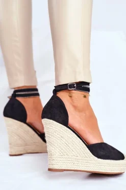 Sandały Damskie Na Koturnie Lniane Czarne Canterola