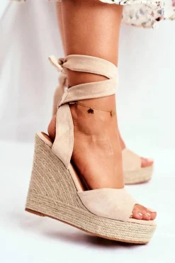 Sandały Damskie Na Koturnie Wiązane Beżowe Belleza