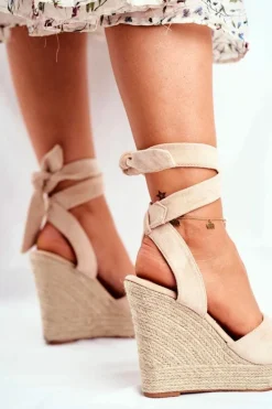Sandały Damskie Na Koturnie Wiązane Beżowe Belleza