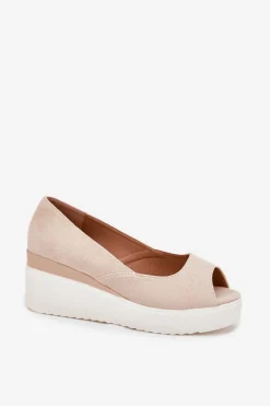 Sandały Damskie Na Koturnie Z Eko Zamszu Jasnobeżowe Velira