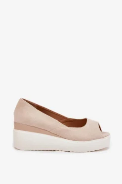 Sandały Damskie Na Koturnie Z Eko Zamszu Jasnobeżowe Velira