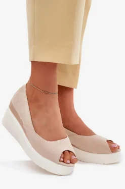 Sandały Damskie Na Koturnie Z Eko Zamszu Jasnobeżowe Velira