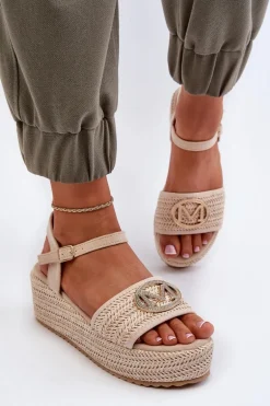 Sandały Damskie Na Koturnie Z Plecionką Beżowe Esalena