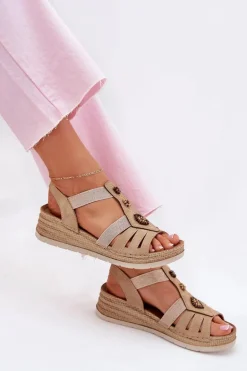 Sandały Damskie Na Koturnie Z Ozdobami Inblu RV000015 Beżowe