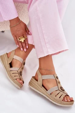 Sandały Damskie Na Koturnie Z Ozdobami Inblu RV000015 Beżowe