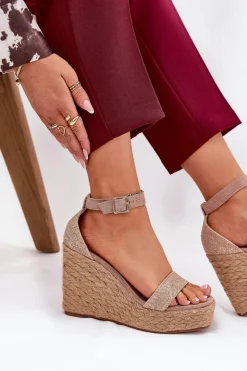 Sandały Damskie Na Koturnie Z Plecionką Khaki Adelio