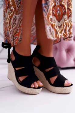 Sandały Damskie Na Koturnie Czarne Yenga