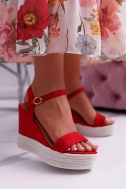 Sandały Damskie Na Koturnie Lniane Czerwone Liviana