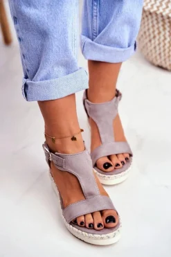 Sandały Damskie Na Koturnie Szare Rosa