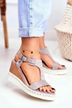 Sandały Damskie Na Koturnie Szare Rosa