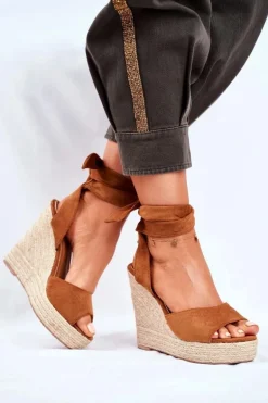 Sandały Damskie Na Koturnie Wiązane Camel Belleza