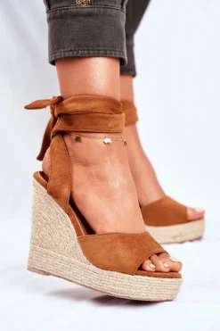 Sandały Damskie Na Koturnie Wiązane Camel Belleza