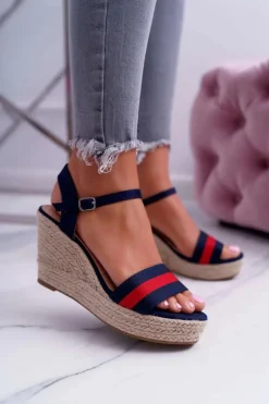 Sandały Damskie Na Koturnie Lniane Granatowe Renew