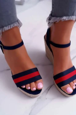 Sandały Damskie Na Koturnie Lniane Granatowe Renew