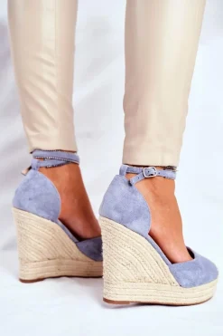 Sandały Damskie Na Koturnie Lniane Niebieskie Canterola