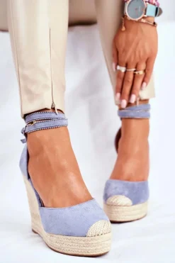 Sandały Damskie Na Koturnie Lniane Niebieskie Canterola