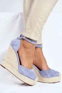 Sandały Damskie Na Koturnie Lniane Niebieskie Canterola