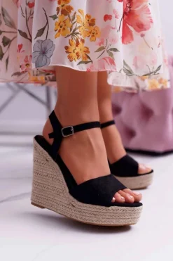 Sandały Damskie Na Koturnie Lniane Czarne Girenn