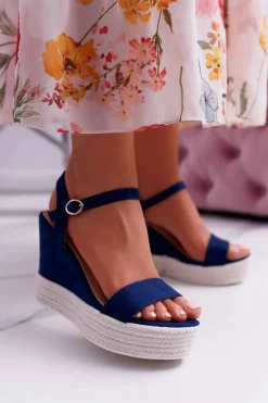 Sandały Damskie Na Koturnie Lniane Granatowe Liviana