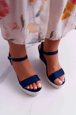 Sandały Damskie Na Koturnie Lniane Granatowe Liviana