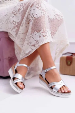 Sandały Damskie Na Koturnie Eleganckie Srebrne Meryl