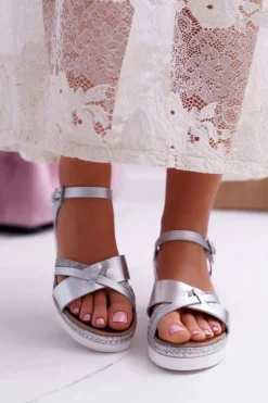 Sandały Damskie Na Koturnie Eleganckie Srebrne Meryl