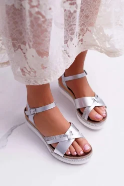 Sandały Damskie Na Koturnie Eleganckie Srebrne Meryl