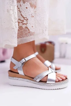 Sandały Damskie Na Koturnie Eleganckie Srebrne Meryl