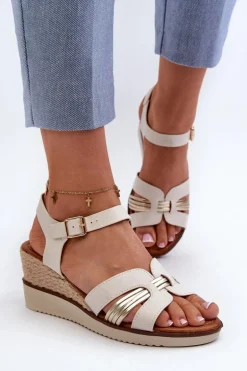 Sandały Damskie Na Koturnie Z Plecionką Złote Starlenna