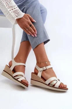 Sandały Damskie Na Koturnie Z Plecionką Złote Starlenna