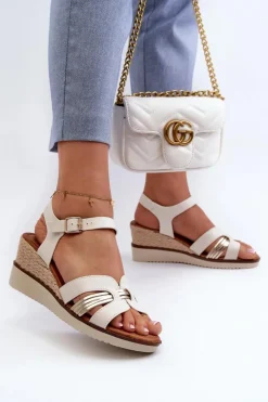 Sandały Damskie Na Koturnie Z Plecionką Złote Starlenna