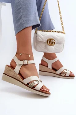 Sandały Damskie Na Koturnie Z Plecionką Złote Starlenna