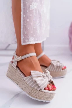 Sandały Damskie Na Koturnie Platformie Z Kokardą Beżowe Bounce