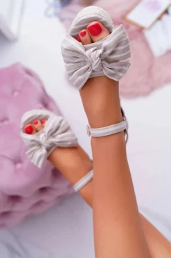 Sandały Damskie Na Koturnie Platformie Z Kokardą Beżowe Bounce