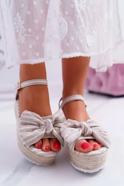 Sandały Damskie Na Koturnie Platformie Z Kokardą Beżowe Bounce