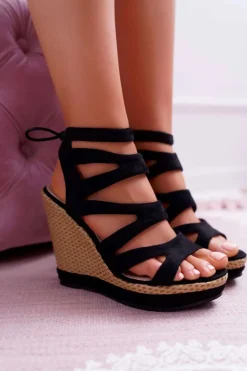 Sandały Damskie Na Koturnie Sznurek Czarne Liluena