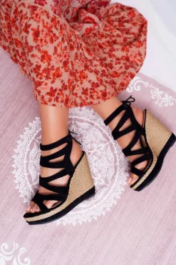 Sandały Damskie Na Koturnie Sznurek Czarne Liluena