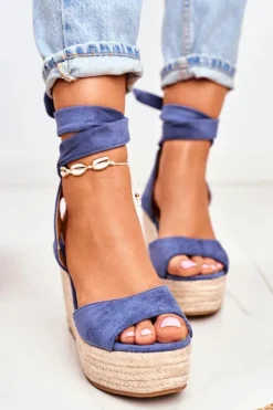 Sandały Damskie Na Koturnie Espadryle Niebieskie Ollie
