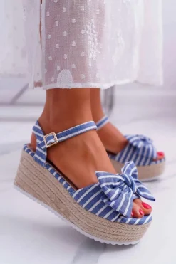 Sandały Damskie Na Koturnie Platformie Z Kokardą Niebieskie Bounce